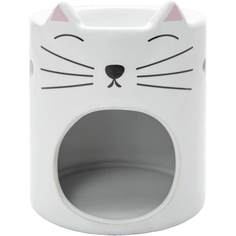 Quemador de aceite esencial y cera con diseño de gato blanco y bigotes negros.