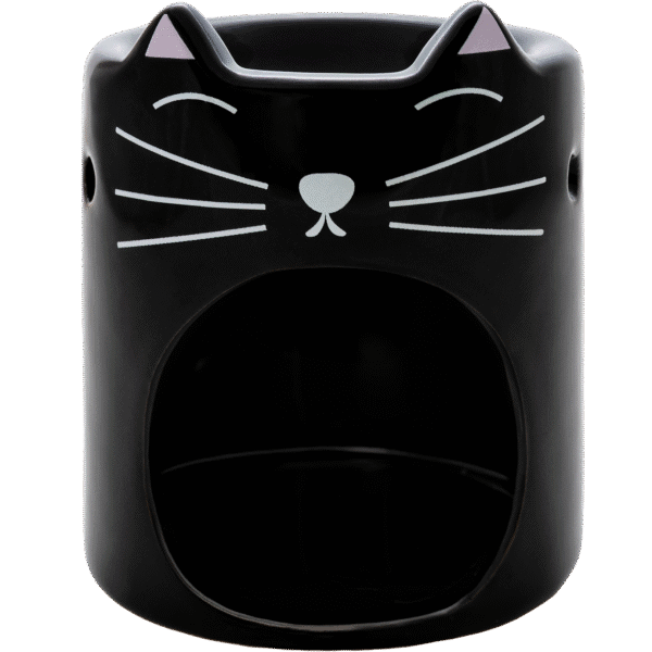 Quemador de aceite esencial y cera con diseño de gato negro y bigotes blancos.