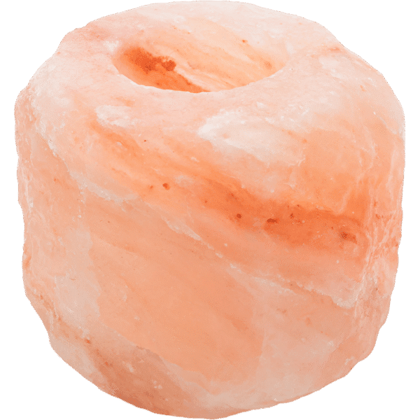 Portavelas de Sal del Himalaya, con textura natural y tonos cálidos de rosa y naranja.