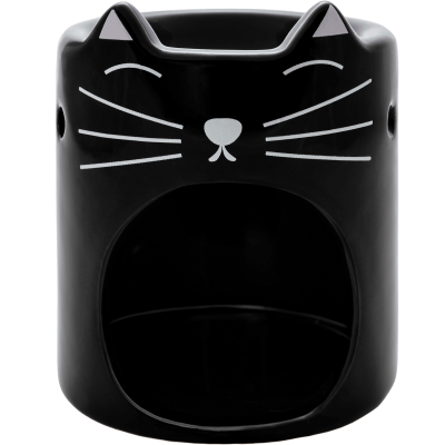 Quemador de aceite esencial y cera con diseño de gato negro y bigotes blancos.